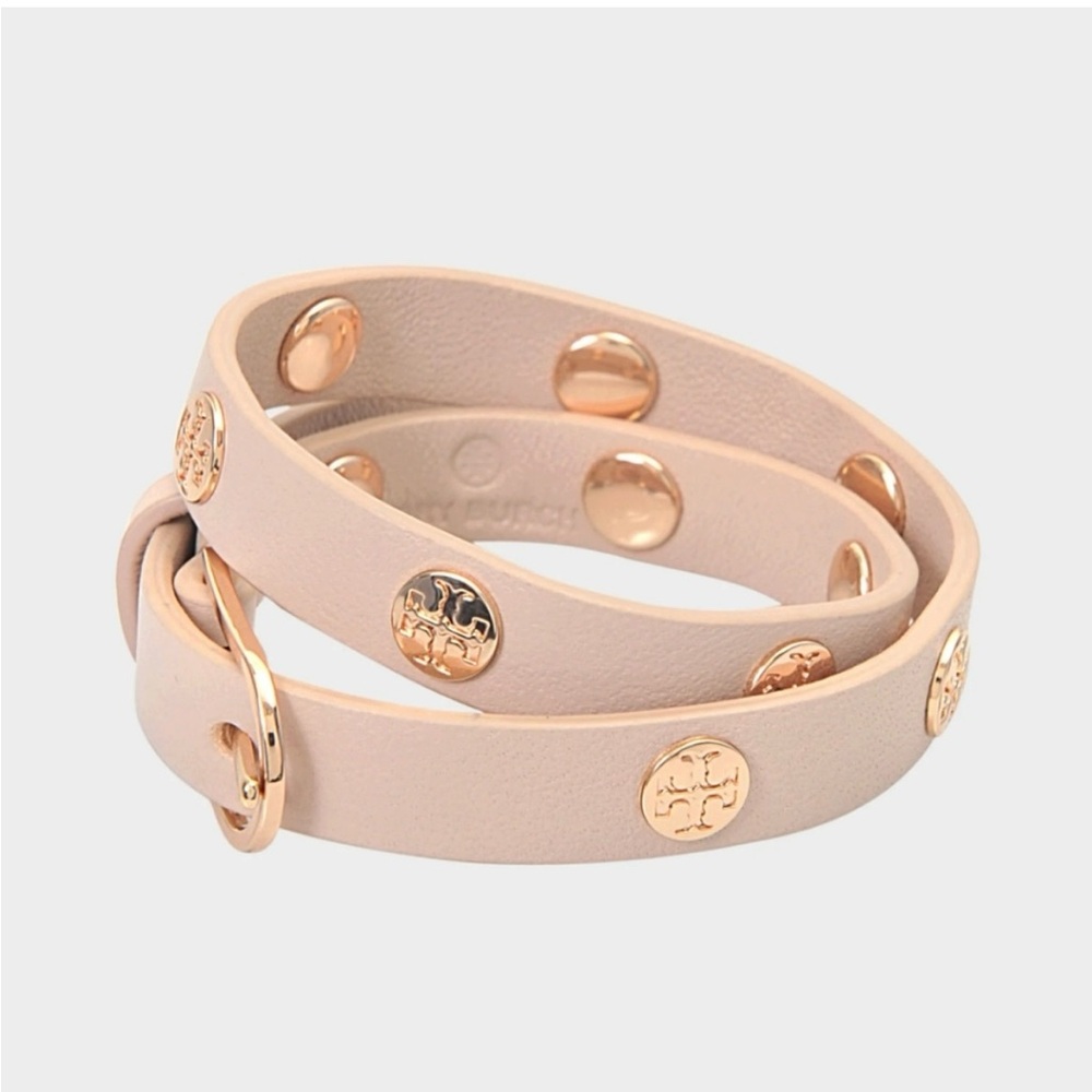 Tory Burch Leather Double Wrap Logo Bracelet Tan and Gold